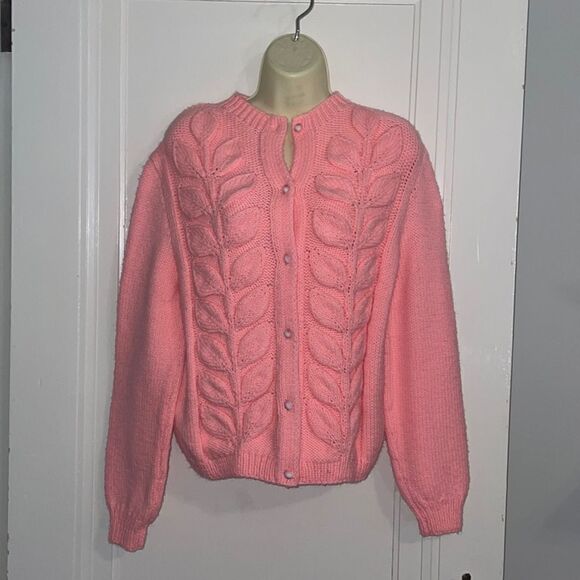 Vtg 60s bright pink thick knit cardigan sweater with raised leaf design - Picture 1 of 7